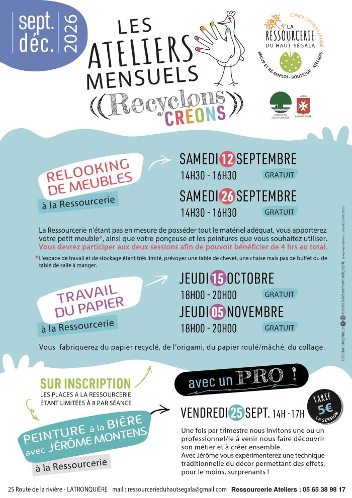 Programme des ateliers Recyclons Créons à la Ressourcerie du Haut-Ségala